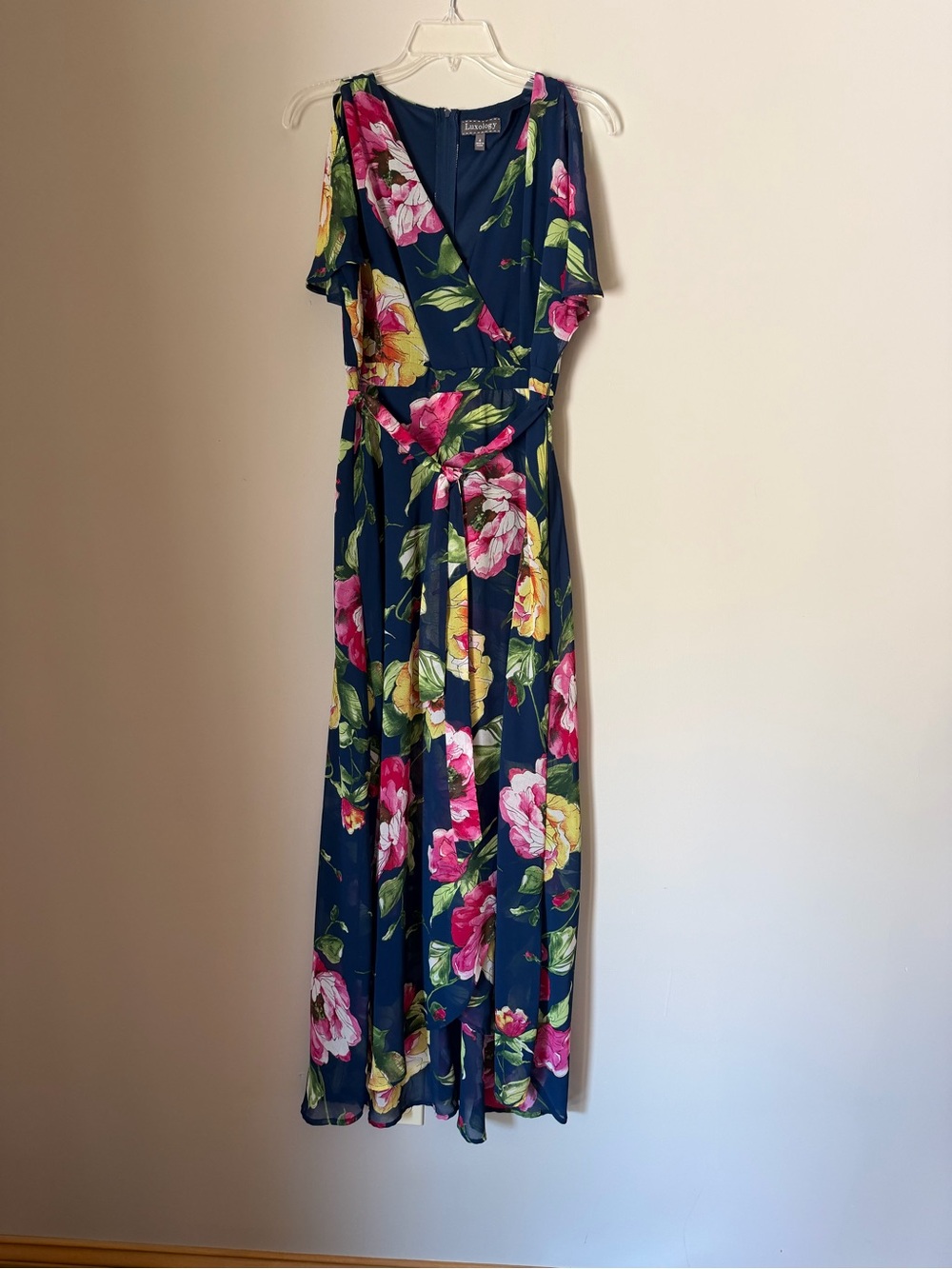 Luxology Navy Floral Wrap Maxi Dress with Pink & Yellow Blooms